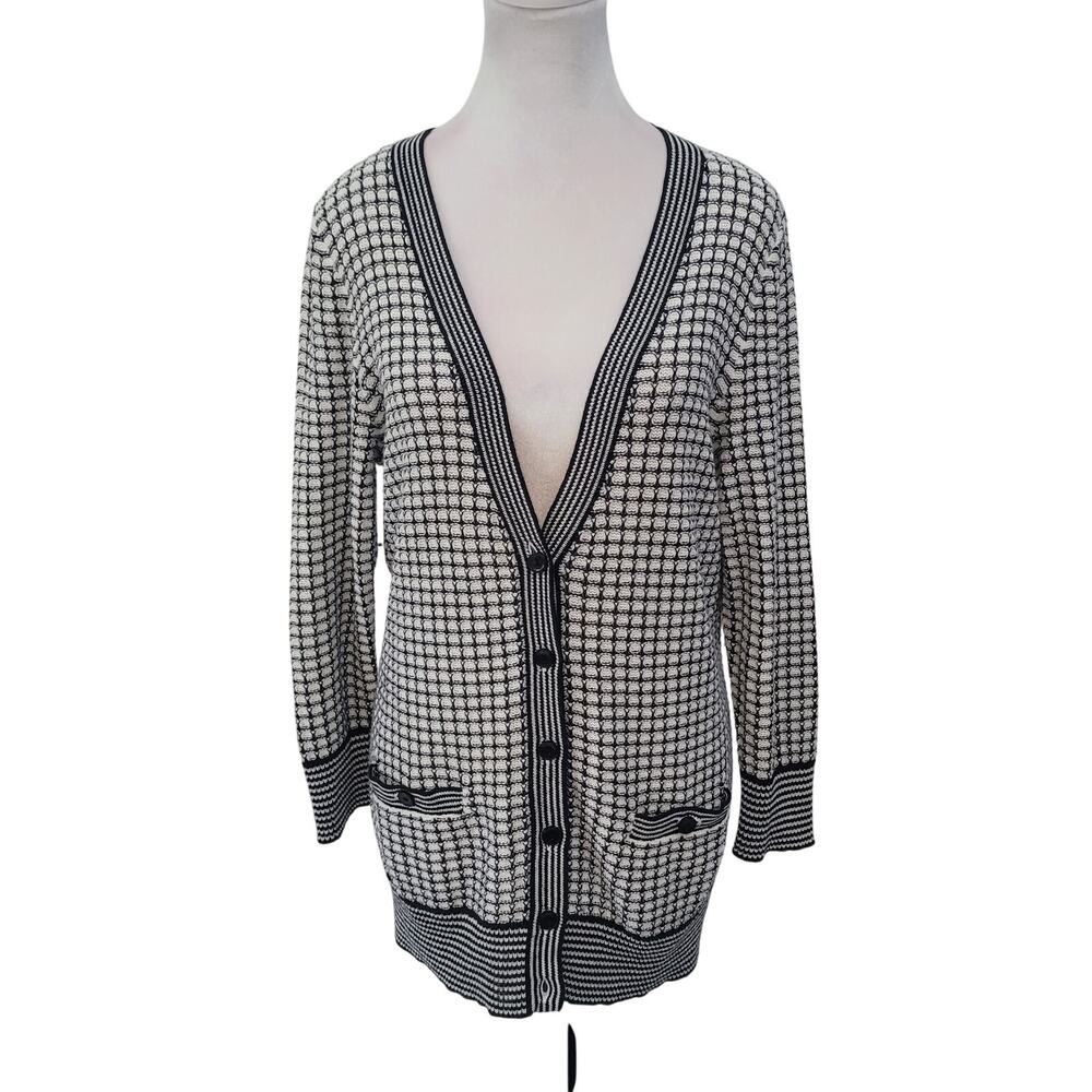 Pendleton Size M Cardigan Women Black White Grid Check Preppy V-Neck Knit
